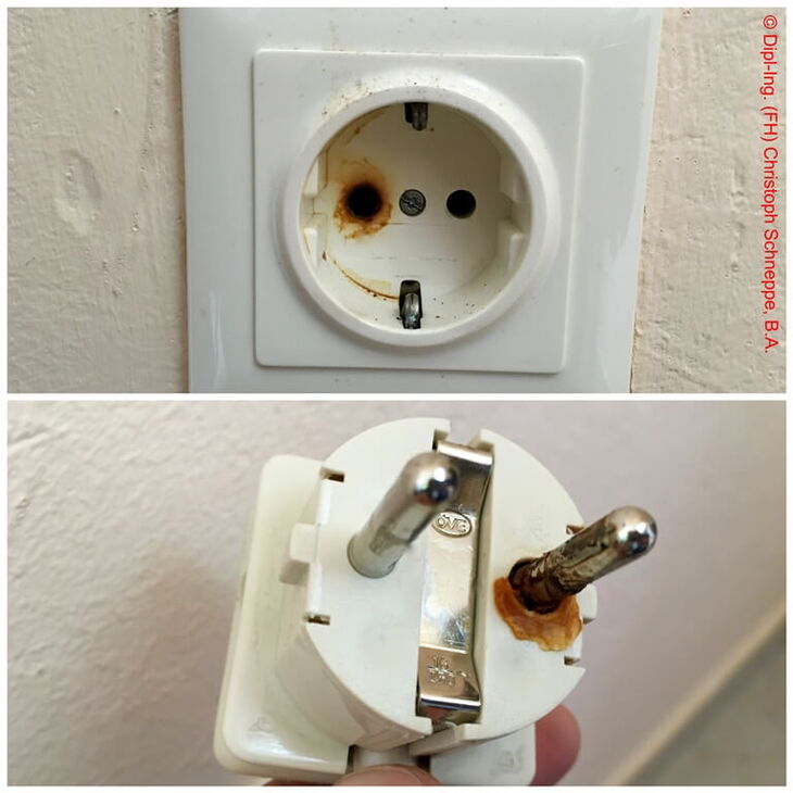 Steckdose und Stecker, die aufgrund hochohmiger Kontaktierung thermisch überlastet wurden.