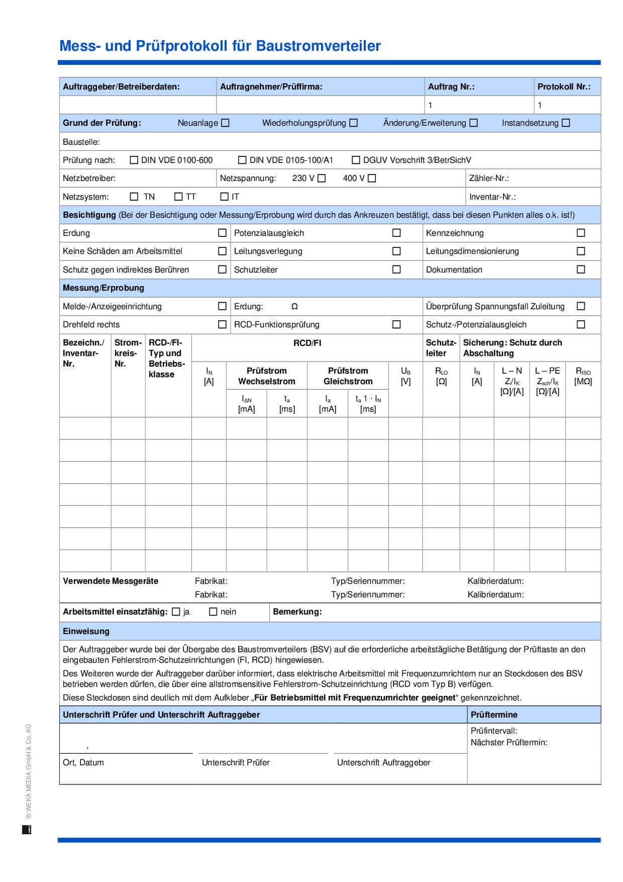 Mess Und Pr fprotokoll F r Baustromverteiler