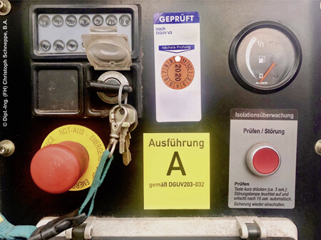 Kennzeichnung eines Stromerzeugers als Ausführung A gemäß DGUV I 203-032
