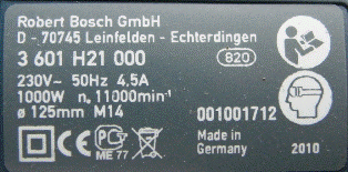 Beispielhaftes Typenschild eines Winkelschleifers nach DIN VDE 0740-2-3