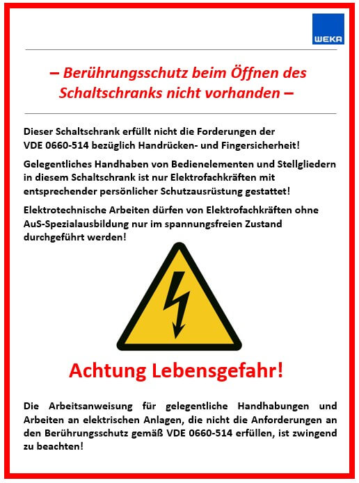 Beispiel für ein Hinweisschild zum Anbringen am Schaltschrank