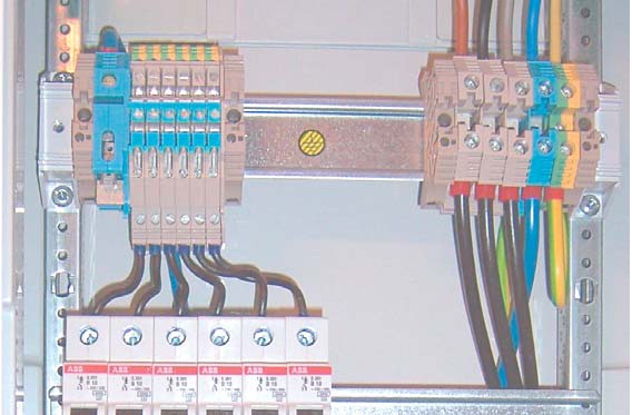 PTSK mit richtig aufgebauter Schutzleiterschiene (die Schutzleiterschiene ist vom Geräteträger isoliert)